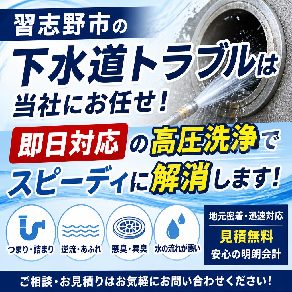 習志野市の下水道トラブルは当社にお任せ！即日対応の高圧洗浄でスピーディに解消します。